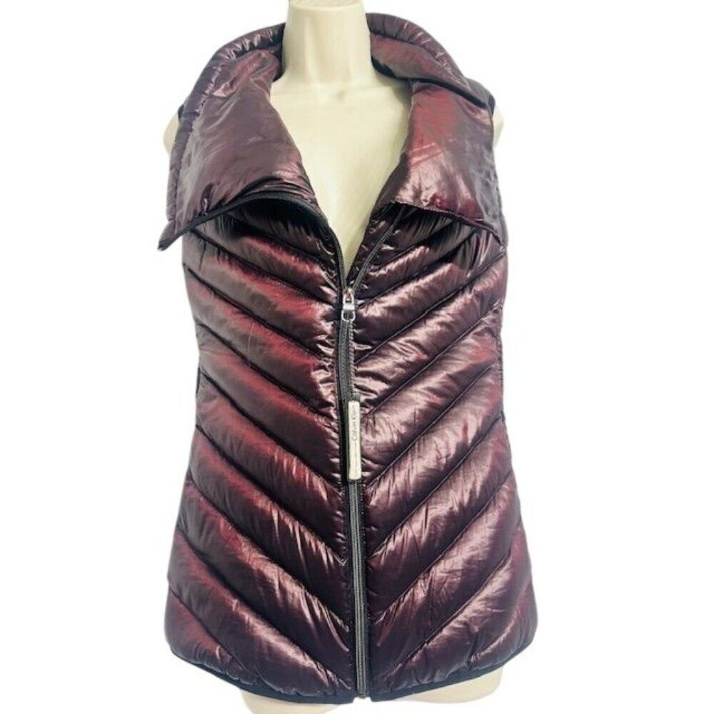 Calvin Klein Metallic Puffer Asymmetrical Zip Chevron Quilted Design Vest XS